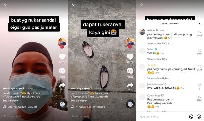 Tragedi sandal tertukar pas salat jumat, pria ini kesal dapat ganti sepatu cewek. (TikTok/@panggilajacibong)