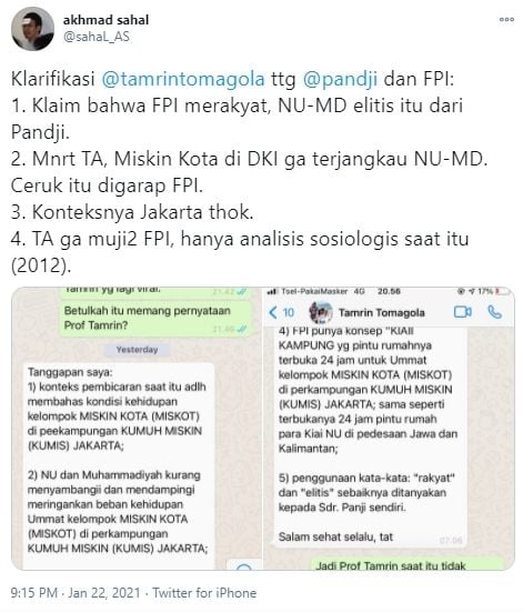 Gus Sahal Ungkap Klarifikasi Tamrin Tomagola soal 'FPI Lebih Merakyat' . (Twitter/sahal_as)