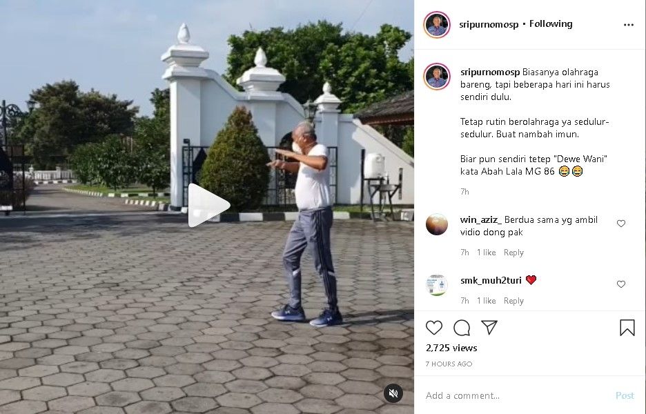 Bupati Sleman Sri Purnomo olahraga sendirian selama isolasi mandiri karena positif Covid-19. - (Instagram/@sripurnomosp)