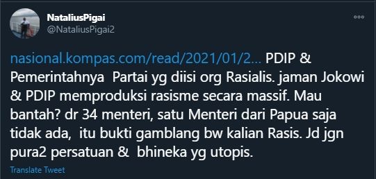 Natalius Pigai sebut zaman Jokowi dan PDIP memproduksi rasisme secara massif (Twitter/NataliusPigai2).