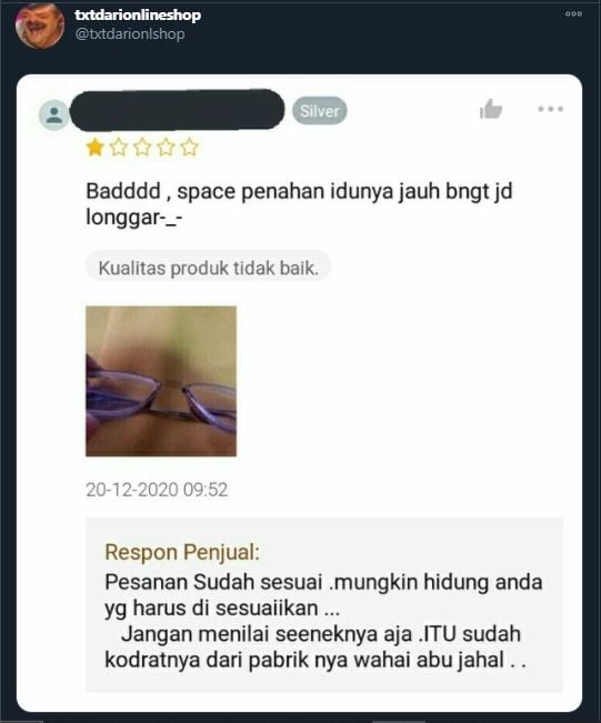 Viral penjual kacamata respons menohok protes pembeli (Twitter/txtdarionlshop).