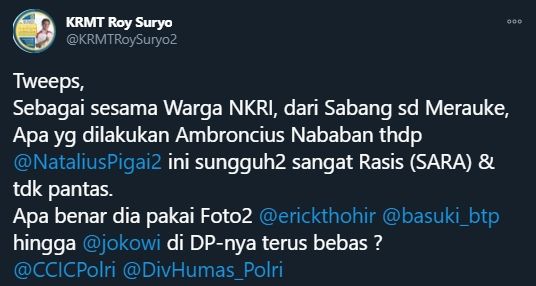 Roy Suryo colek Jokowi, Ahok, dan Erick Thohir soal penghinaan Natalius Pigai (Twitter/KRMTRoySuryo2).