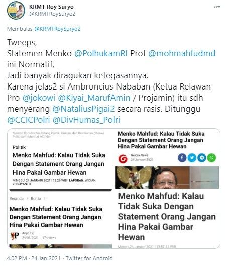 Roy Suryo komentari Mahfud MD soal hinaan rasis (Twitter/krmtroysuryo2)