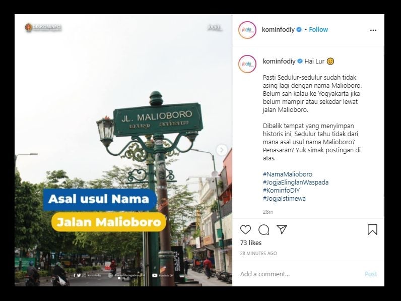 Jarang Diketahui, Ternyata Ini Asal Usul Nama Kawasan Wisata Malioboro. (Instagram/@diskominfo)