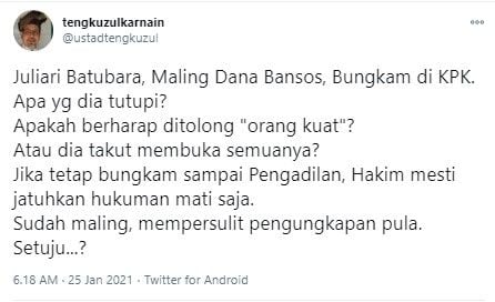 Tengku Zul usul Juliari dihukum mati (Twitter/ustadtengkuzul)