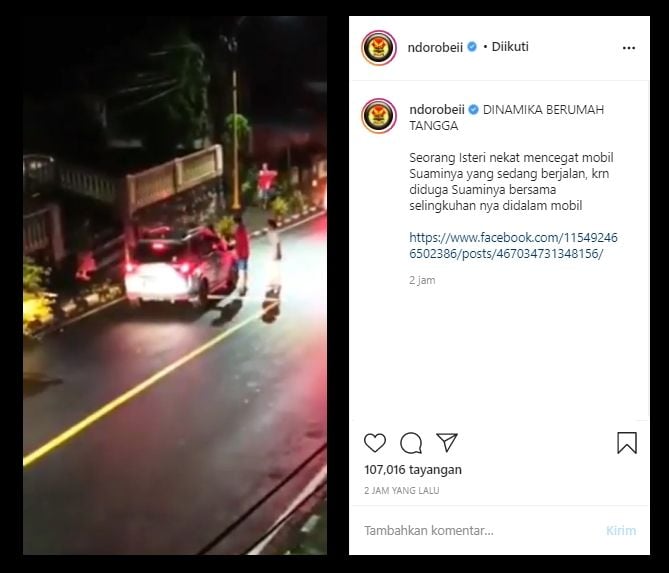 Viral video wanita diseret pakai mobil, diduga pergoki suami selingkuh (Instagram/ndorobeii).