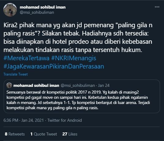 Cuitan Sohibul Iman soal rasialisme (Twitter/msi_sohibuliman).