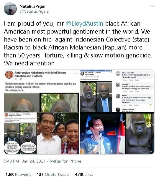 Natalius Pigai mengadu ke Menhan AS Lloyd Austin soal rasialisme di Indonesia. - (Twitter/@NataliusPigai2)