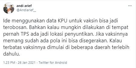 Andi Arief usul TPS jadi lokasi penyuntikan vaksin Covid-19 (Twitter/andiarief_)