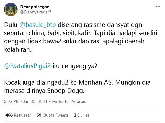 Denny Siregar menyindir Natalius Pigai karena mengadu ke Menhan AS Lloyd Austin. - (Twitter/@Dennysiregar7)