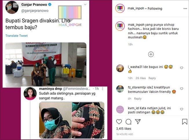 Baju Bupati Sragen Kusdinar Untung Yuni Sukowati saat divaksin COVID-19 curi perhatian. (Instagram/@mak_inpoh)