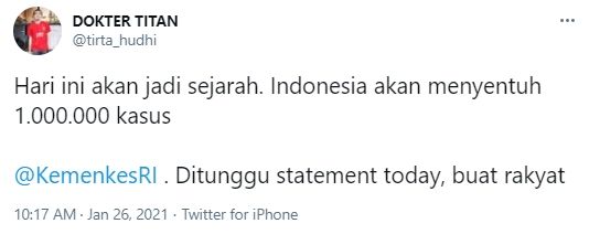 Cuitan dr Tirta sebut Covid-19 di Indonesia akan tembus 1 juta kasus. (Twitter/tirta_hudhi)