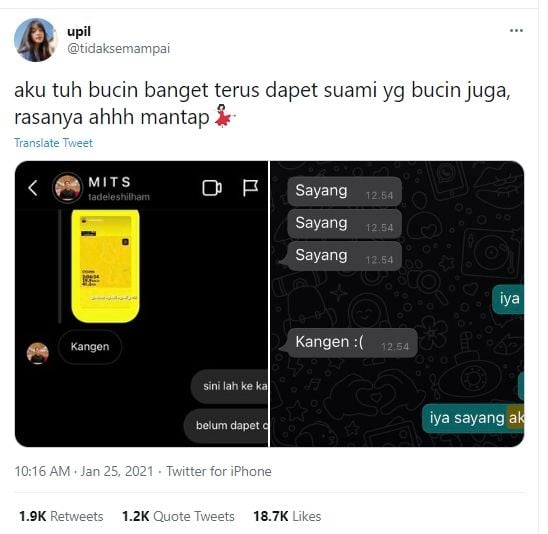 Viral chat pasutri bucin. (Twitter/@tidaksemampai)