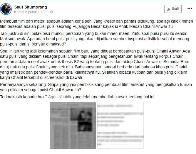 Saut Situmorang soal Puisi "Cinta dan Benci" (Facebook).