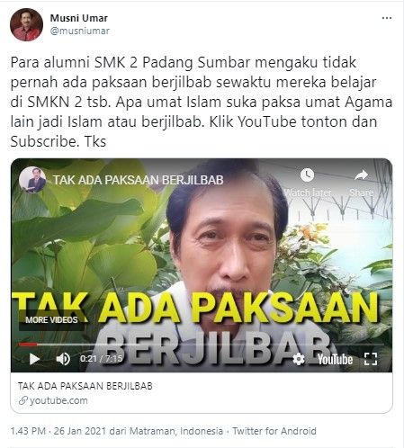 Musni Umar angkat bicara soal siswi Padang dipaksa berjilbab (Twitter/musniumar)