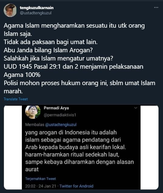 Cuitan Tengku Zul menanggapi Abu Janda (Twitter/Ustadtengkuzul).