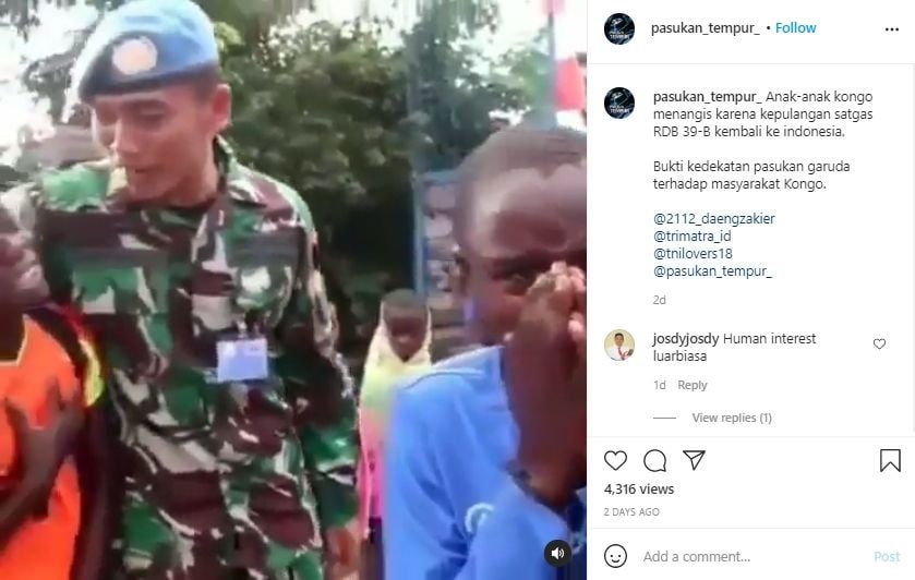 Video anak-anak Kongo menangis sesenggukan saat Satgas TNI pamit pulang ke Indonesia. (Instagram/pasukan_tempur_)