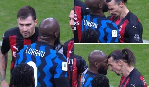 Potret perkelahian Romelu Lukaku dengan Zlatan Ibrahimovic di laga Inter Milan vs AC Milan di ajang Coppa Italia. (Twitter)