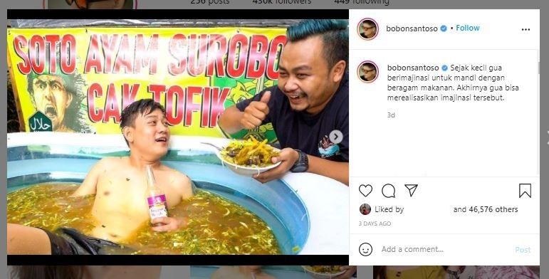 Bobon berendam di soto (Instagram @bobonsantoso)