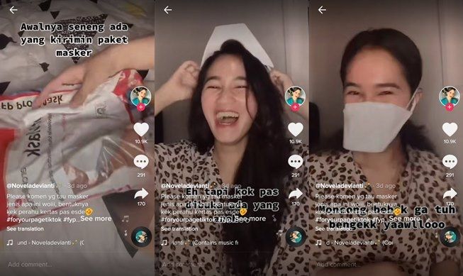 Beli masker medis buatan Jerman, wanita ini ngakak lihat bentuknya. (TikTok/@noveladevianti)