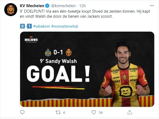 Sandy Walsh cetak gol cepat untuk KV Mechelen. (Twitter/@kvmechelen)