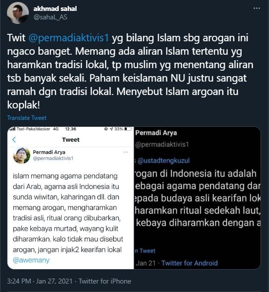 Gus Sahal soal Abu Janda menuding Islam agama arogan (Twitter/@sahal_AS).