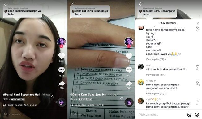 Viral wanita cantik bernama Damai Kami Sepanjang Hari. (TikTok/@damaibgt)