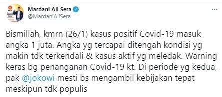 Mardani sebut kasus covid-19 capai 1 juta jadi warning keras (Twitter/mardanialisera)