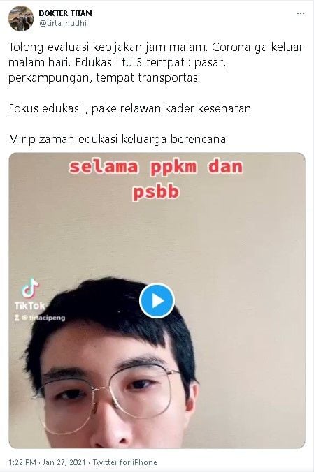 Dokter Tirta meminta kebijakan jam malam PPKM dievaluasi - (Twitter/@tirta_hudhi)