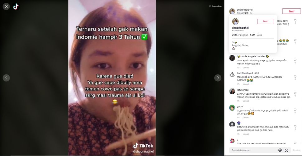 Viral gadis tak makan mi instan 3 tahun, alasannya bikin publik heboh (TikTok/@shadrinaghei).