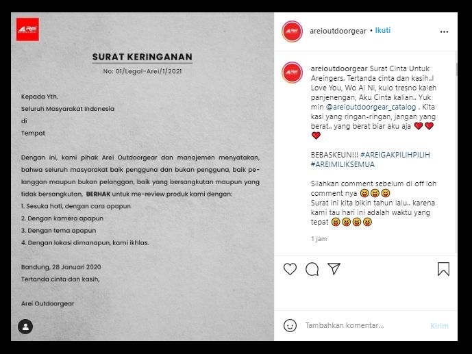 Unggahan Arei usai polemik surat keberatan Eiger ke YouTuber viral (Instagram/Areioutdoorgear).