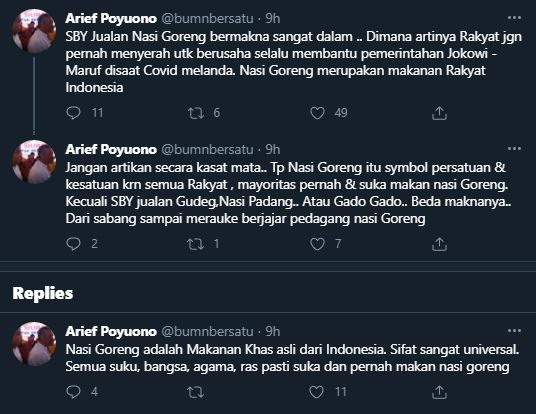 Cuitan Arief Poyuono soal SBY Jual nasi goreng (Twitter/bumnbersatu).