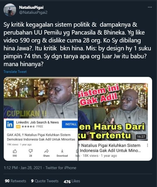 Kata Natalius Pigai soal tudingan hina Suku Jawa (Twitter/NataliusPigai2).