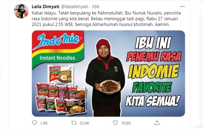 Unggahan di Twitter akun @lailadimyati peracik bumbu Indomie meninggal dunia [Twitter]