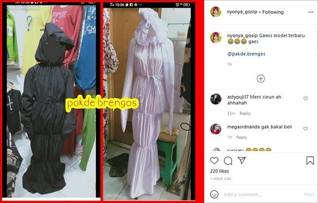 Modelnya mirip banget pocong, gamis ini bikin warganet ketakutan. (Instagram/@nyonya_gosip)