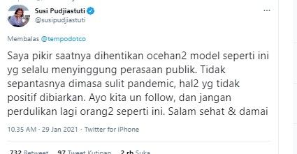 Susi Pudjiastuti serukan unfollow Twitter Abu Janda. 