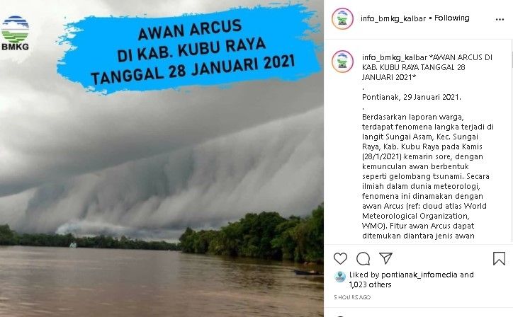 Awan mirip gelombang tsunami di langit Kubu Raya, Kalbar. (Instagram/@info_bmkg_kalbar)