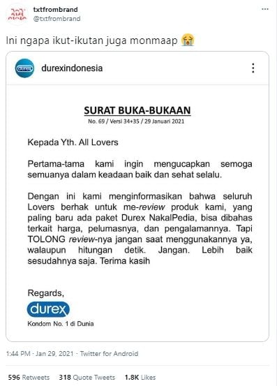 Surat buka-bukaan dari brand kondom. (Twitter/txtfrombrand)