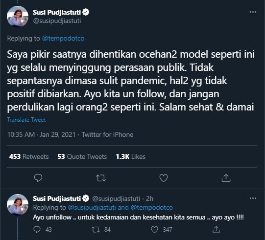 Cuitan Sudi Pudjiastuti soal Abu Janda tuding Islam agama arogan (Twitter/susipudjiastuti).