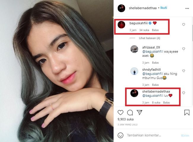 Bagus Kahfi dan Shella Bernadetha saling lempar emoji hati. (Instagram.@Shellabernadetha).