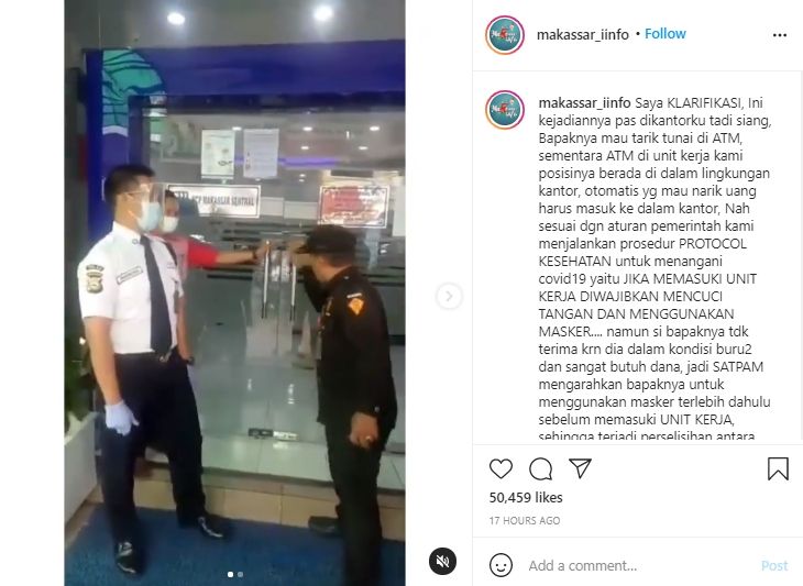 Video pria ngamuk ditegur satpam bank gegara tak pakai masker. (Instagram/makassar_iinfo)