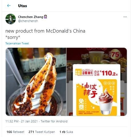 Es krim sundae minyak cabai, menu edisi terbatas McDonald's China (Twitter @chenchenzh)