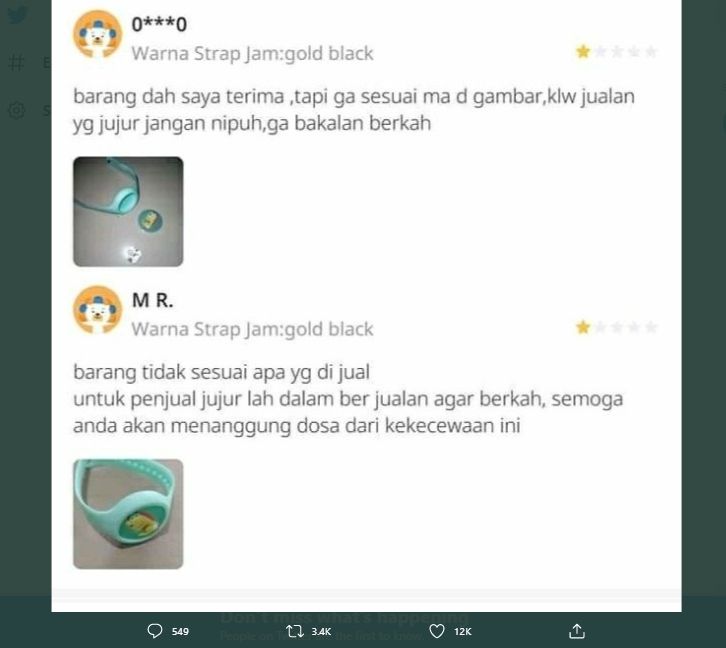 Curhatan warganet beli jam tangan mewan di olshop. (Twitter/txtdarionlshop)