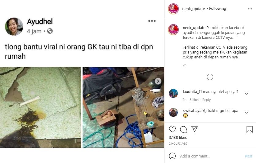 Video rekaman CCTV pria tabur benda aneh di teras rumah. (Instagram/nenk_update)