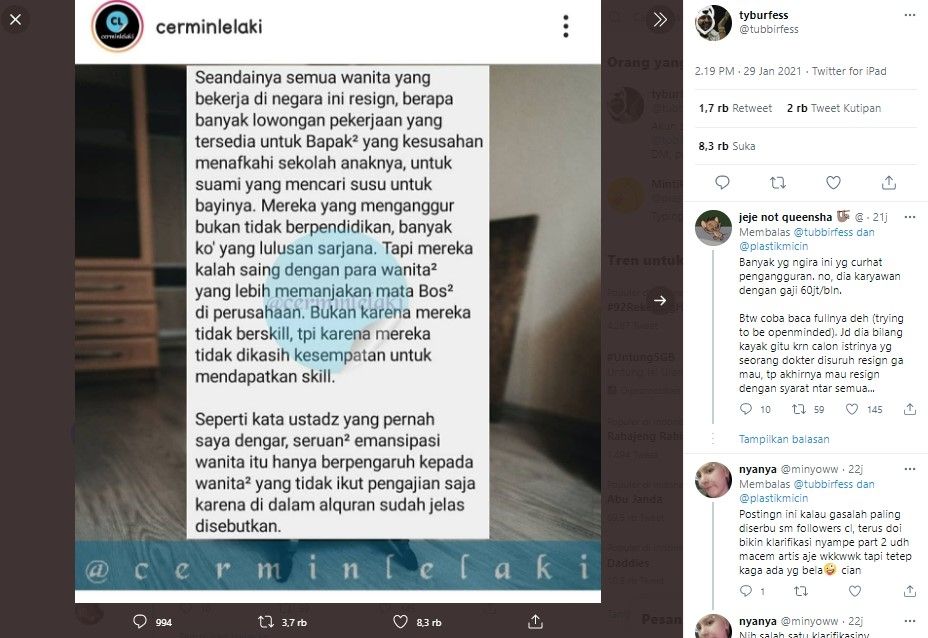 viral curhatan lelaki minta semua wanita karier resign (Twitter/tubbirfess)