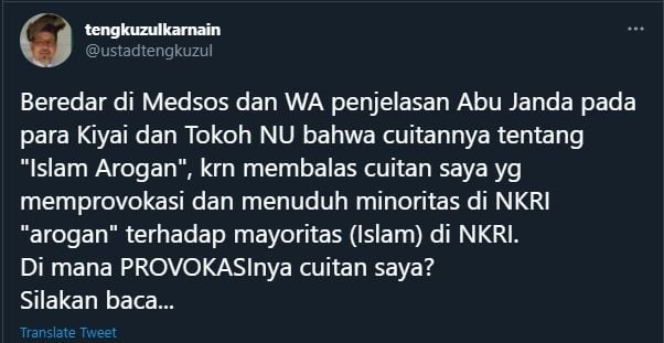 Cuitan Tengku Zul soal penjelasan Abu Janda (Twitter/ustadtengkuzul).