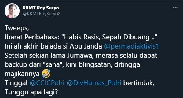 Komentar Roy Suryo soal polemik Abu Janda (Twitter/KRMTRoySuryo2).