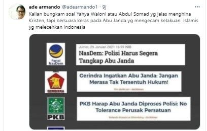 Dosen Universitas Indonesia Ade Armando balik kritik partai-partai yang bersuara serang Abu Janda atau Permadi Arya yang dianggap menghina Islam dengan menyebut Islam Arogan.