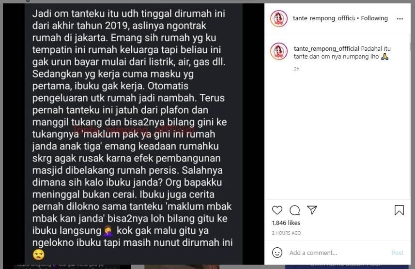 Curhat Warganet Ibunya Diejek Saudara karena Status Janda (instagram.com/tante_rempong_offficial)