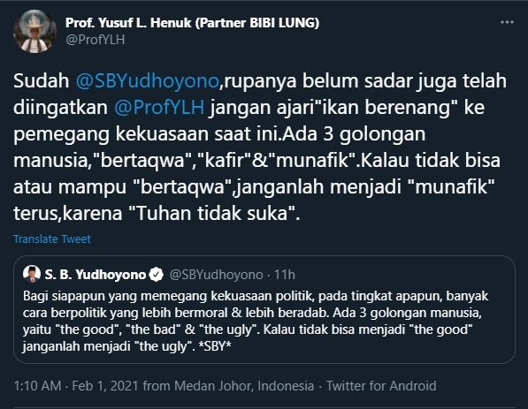 Cuitan Yusuf Leonard Henuk membalas SBY (Twitter/ProfYLH).